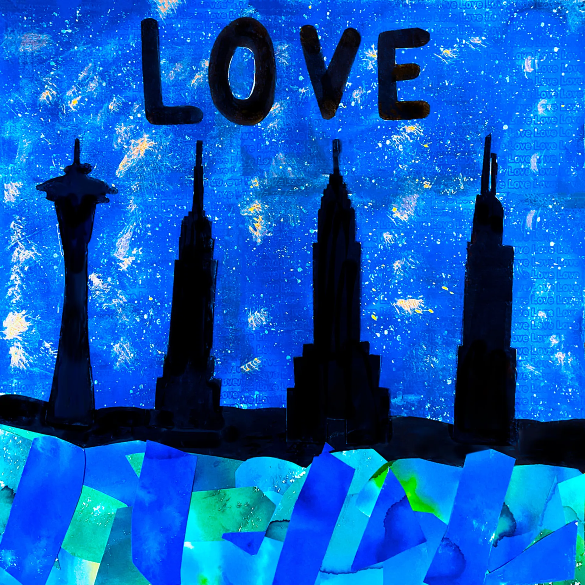 Silhouettes of skyscrapers against a starry blue night sky below the word 'LOVE'; in the foreground is a body of water made of blue and green collage paper.