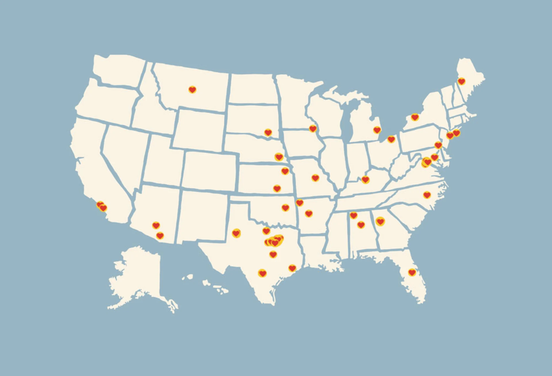 Ivory-colored map of all 50 U.S. states with dozens of small red hearts against a blue background.