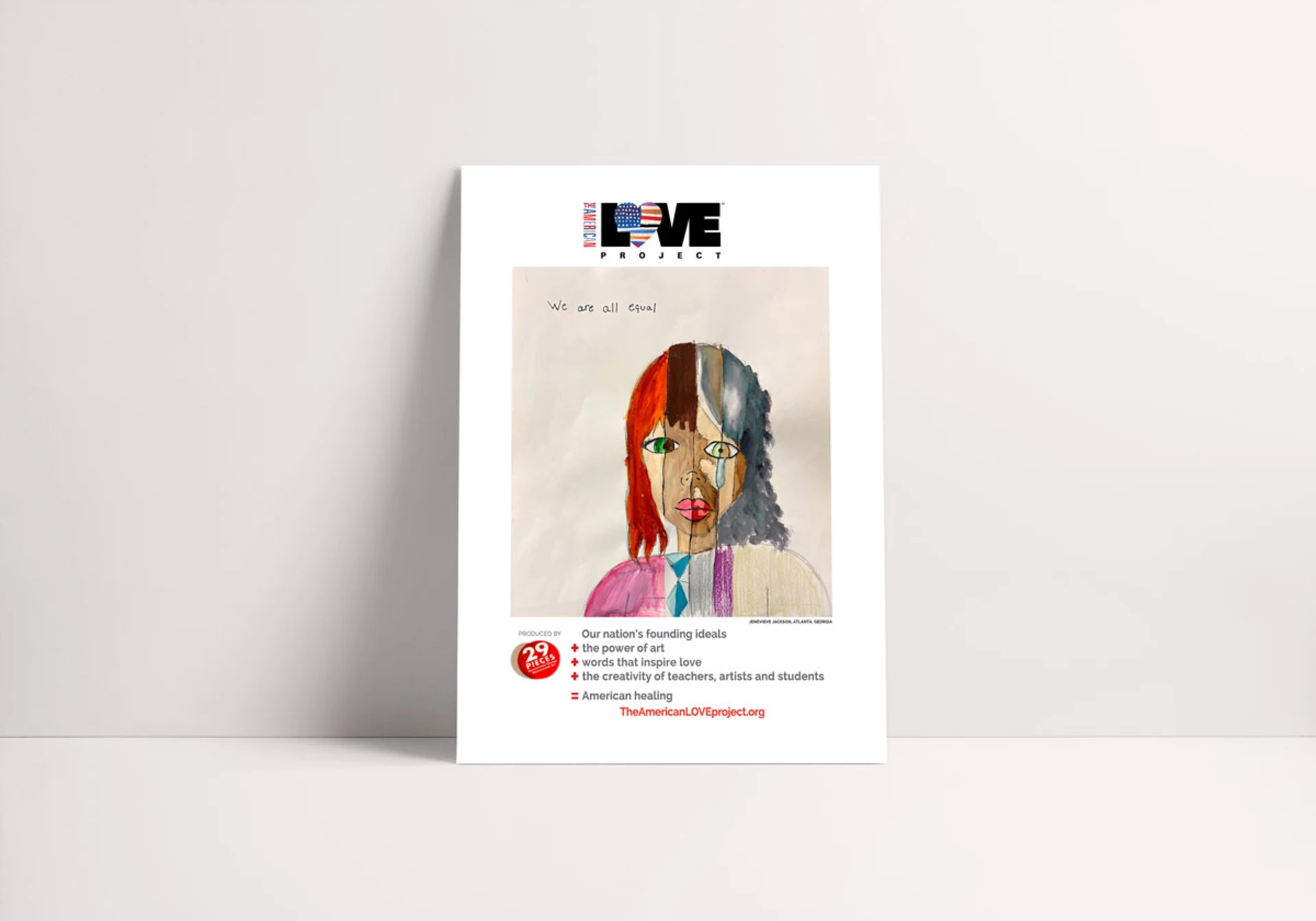Poster mockup featuring a drawing of a figure made up of young and old faces with different skin tones along with the text 'We Are All Equal'.