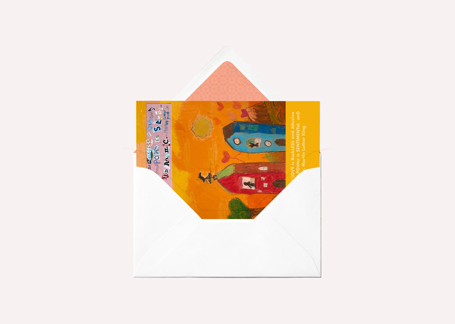 Greeting card mockup featuring a childlike drawing of two buildings with silhouetted figures in windows, a heart-shaped tree, sun, and floating hearts in a bright orange sky, along with a quote by Dr. Martin Luther King Jr.
