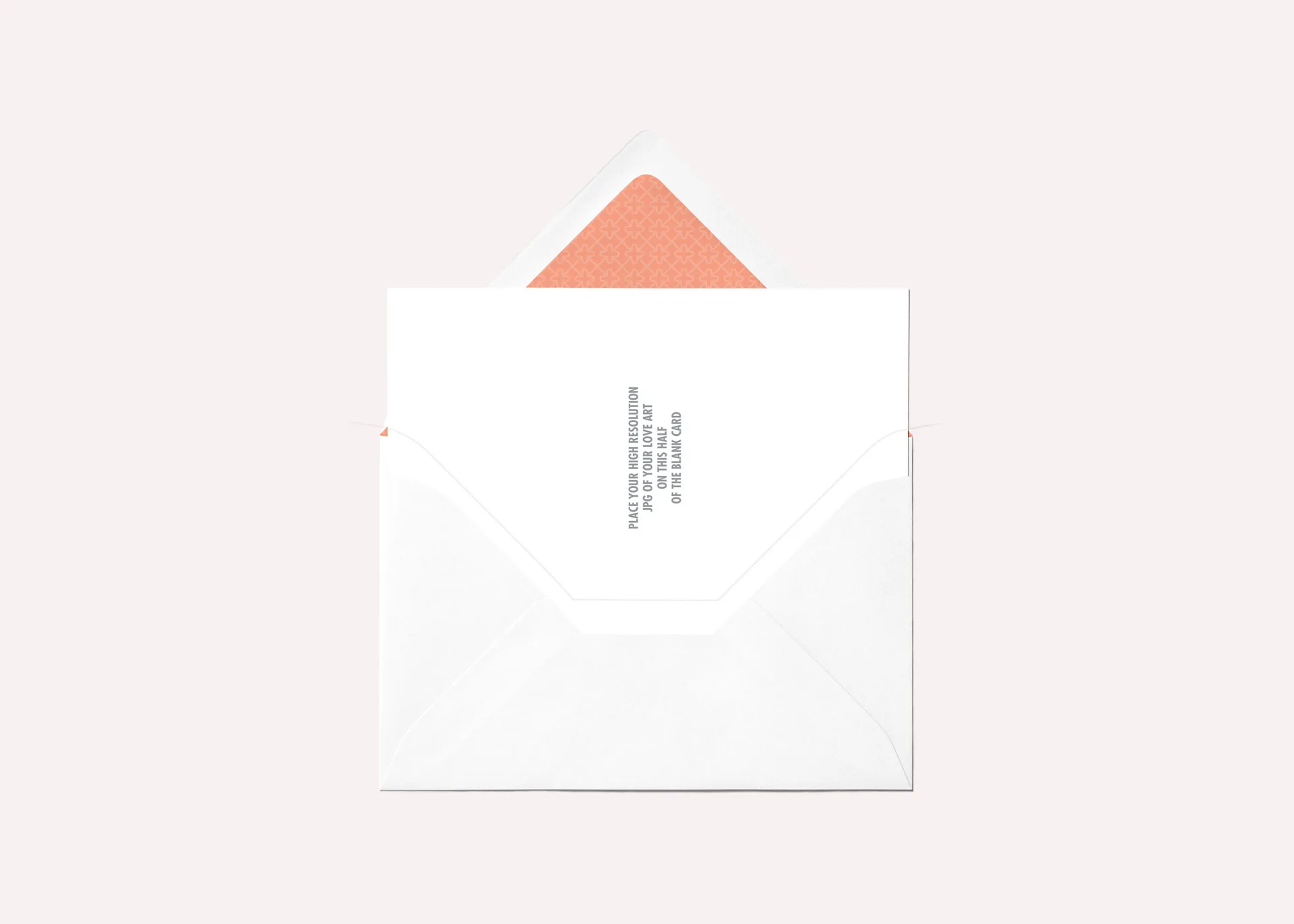 Greeting card mockup with a blank space and the text 'Place Your High Resolution JPG of Your Love Art on This Half of the Blank Card'