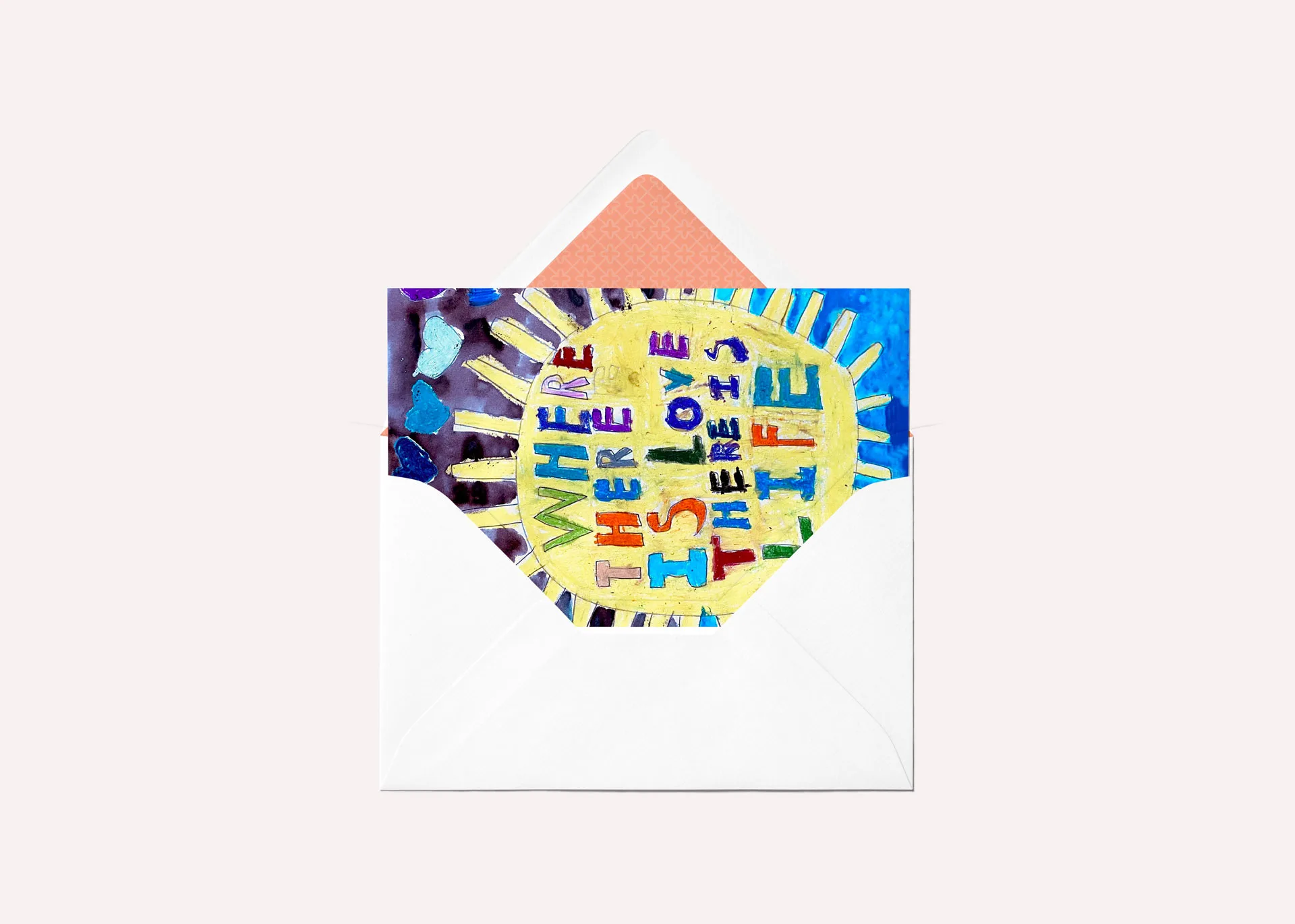 Greeting card mockup featuring a colorful illustration of a yellow sun surrounded by hearts and a quote by Mahatma Gandhi written in multicolored letters.