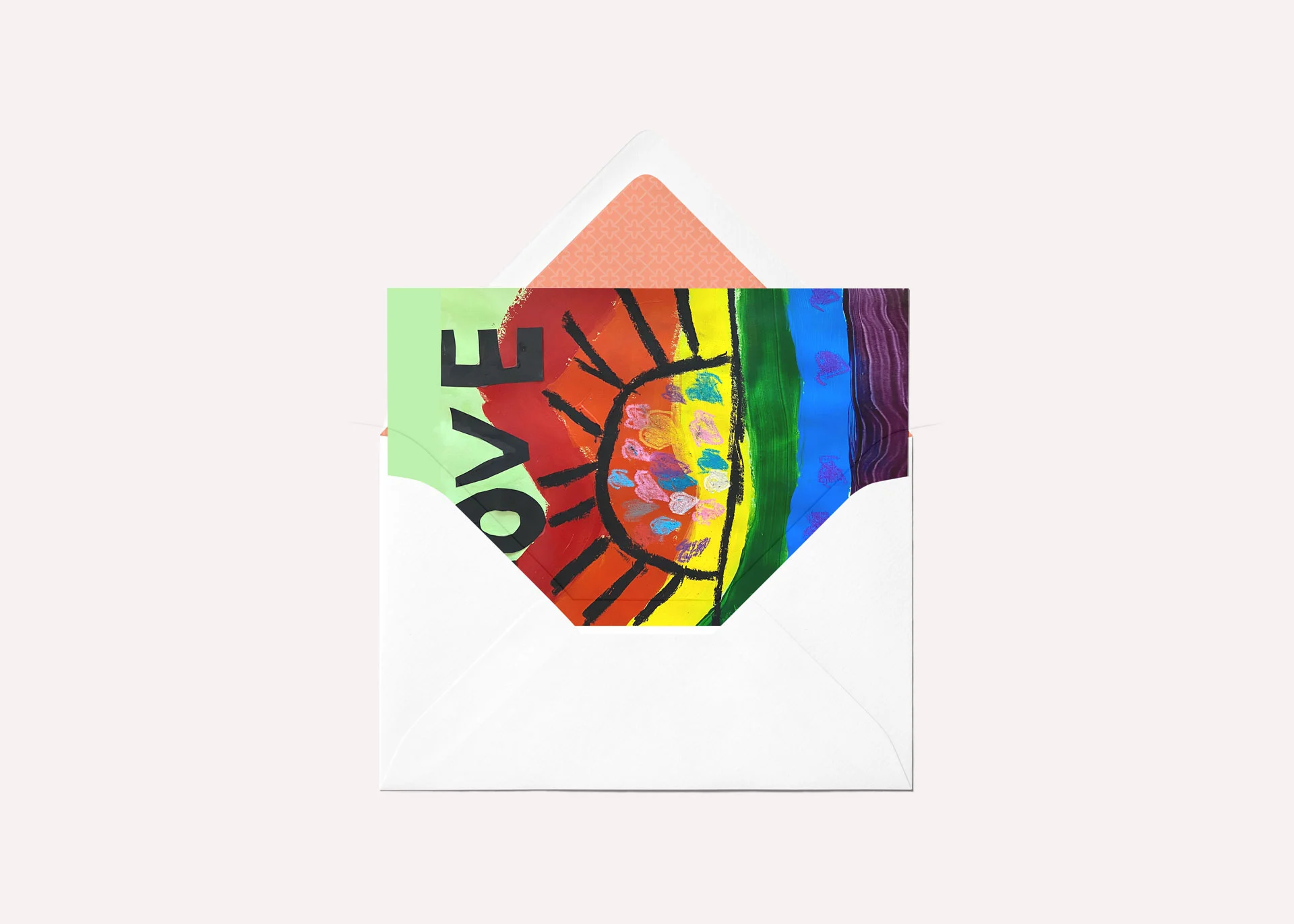 Greeting card mockup featuring a childlike painting of a half sun over a rainbow and the word 'Love'