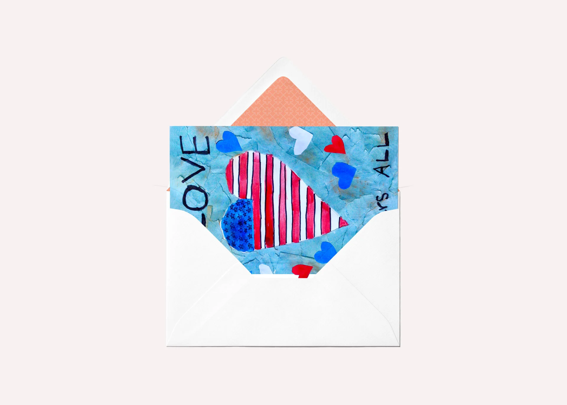 Greeting card mockup featuring a paper mâché illustration of a heart-shaped American flag and a quote by Virgil.