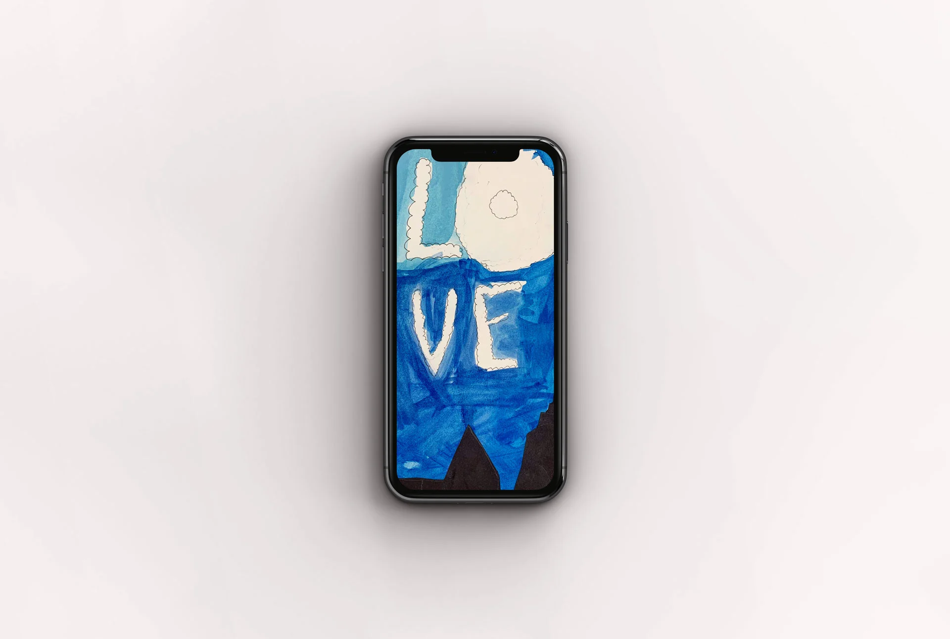 Phone wallpaper mockup featuring a drawing of buildings against a blue sky with the word 'Love' in block letters.