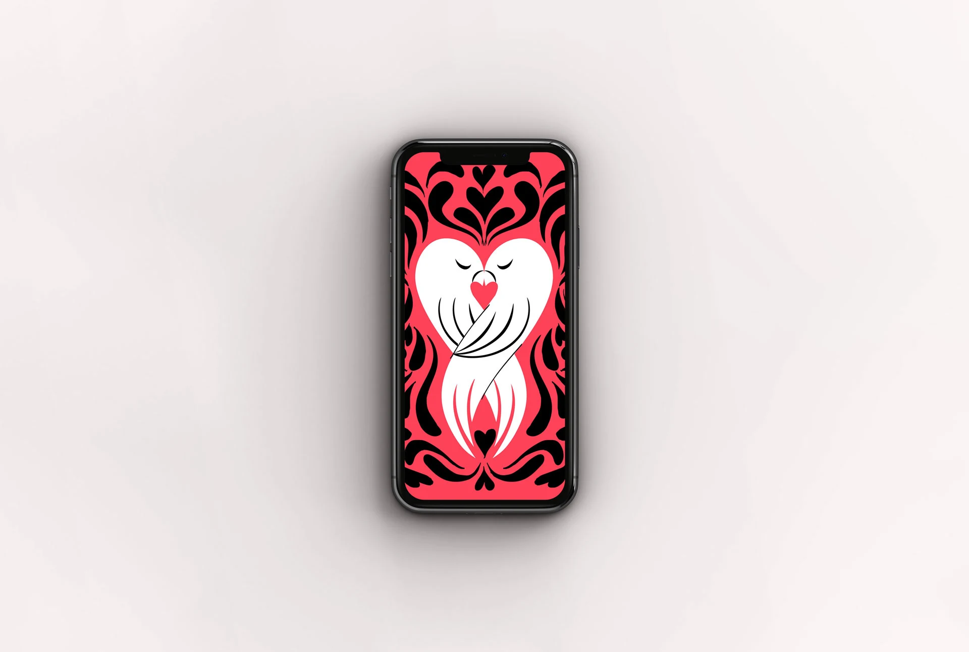 Phone wallpaper mockup featuring an illustration of two birds embracing against a red and black backdrop with abstract hearts.