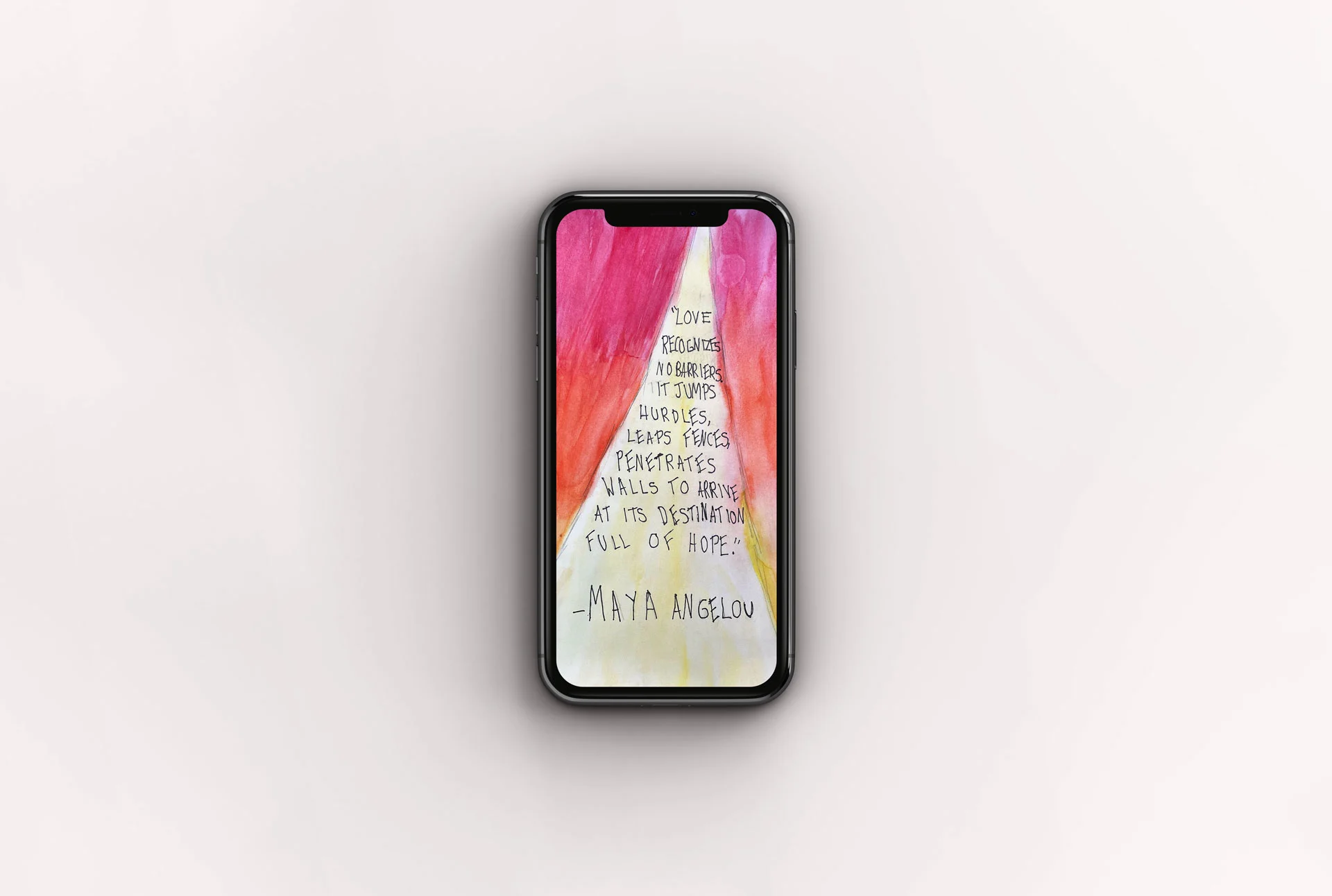 Phone wallpaper mockup featuring a watercolor artwork with bright pink, orange and yellow curtains with a quote by Maya Angelou.