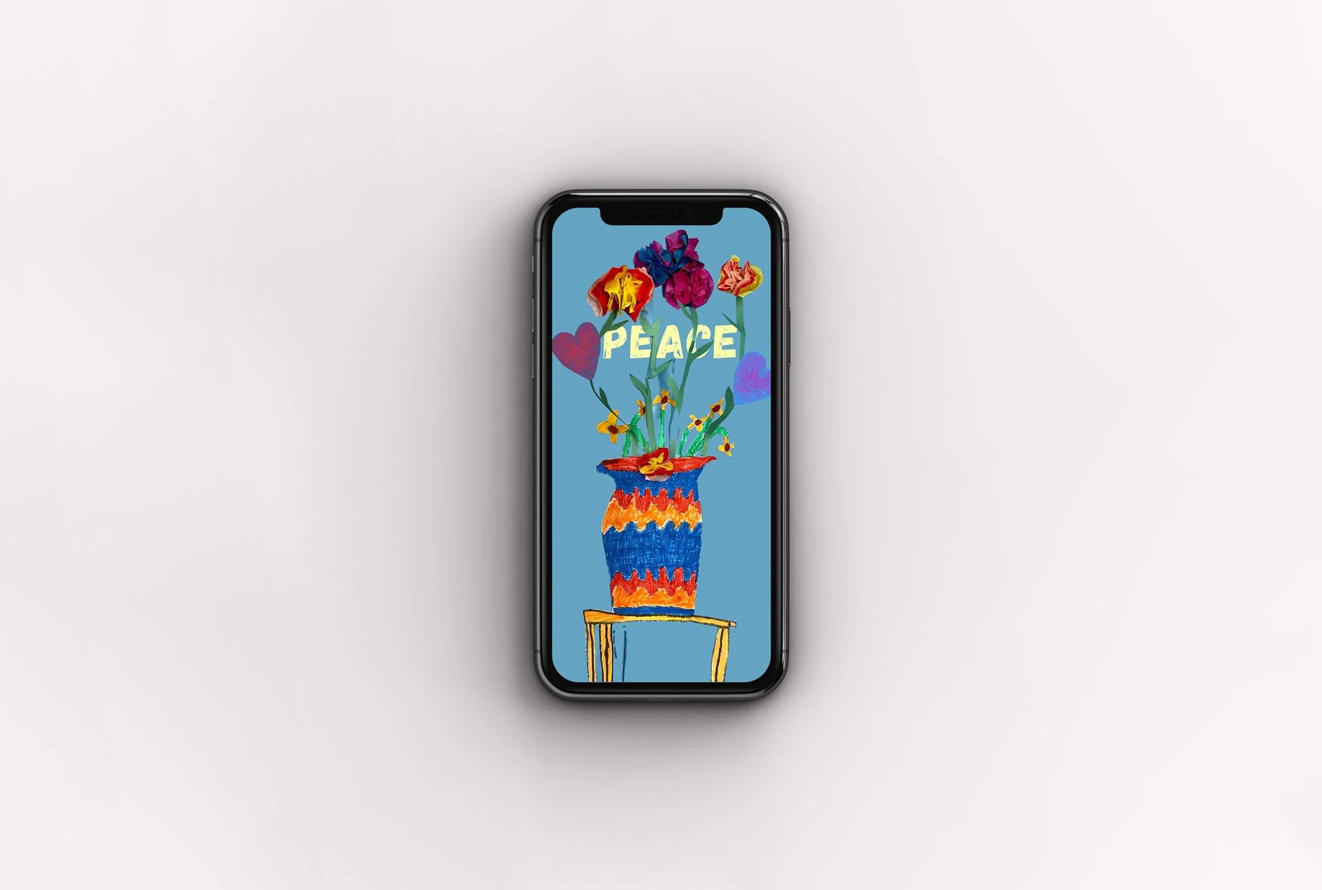 Phone wallpaper mockup featuring an illustration of a vase with flowers sitting on a table along with the word 'Peace'