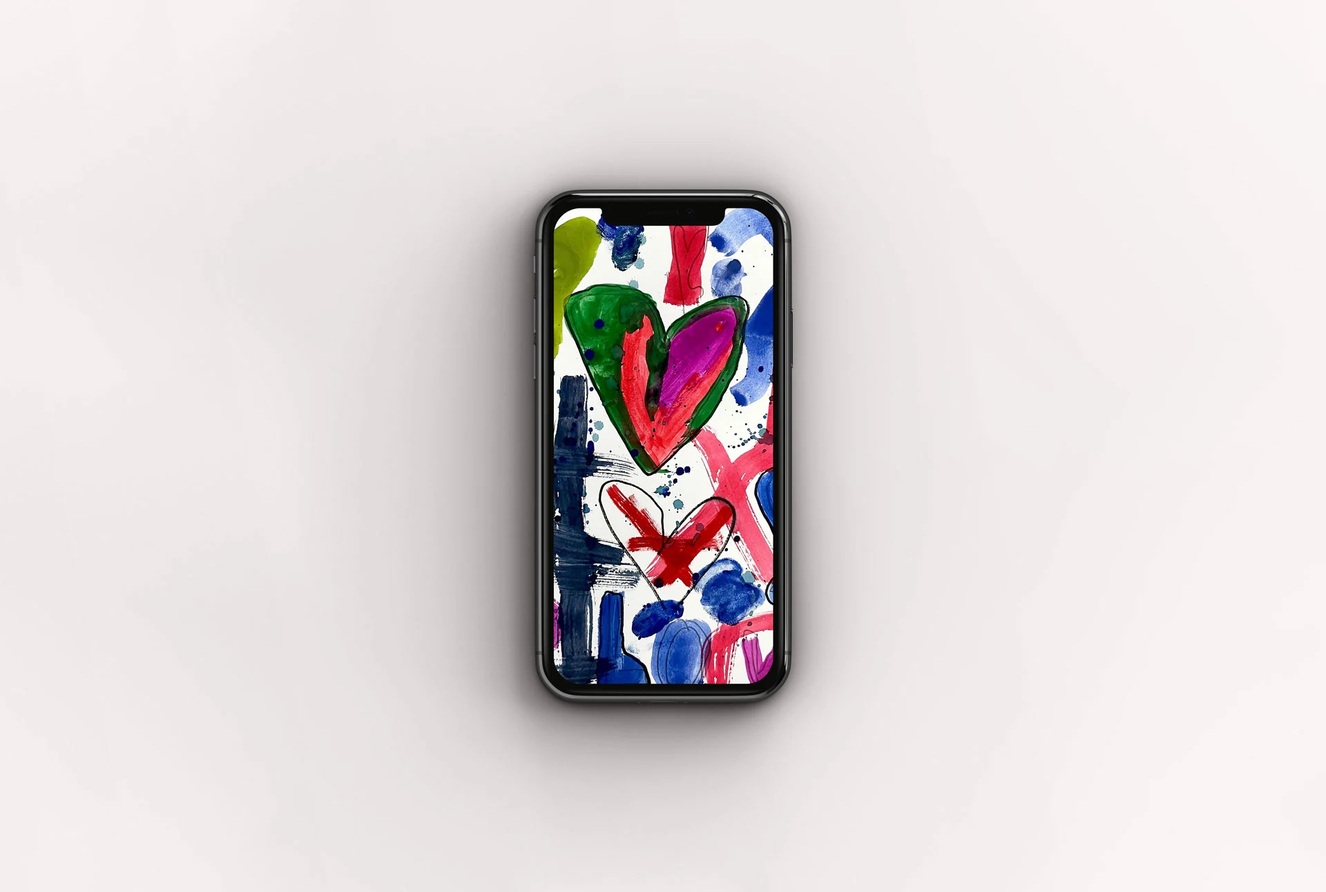 Phone wallpaper mockup featuring a colorful abstract painting with various hearts, Xs, and the word 'Love' in bold, layered brushstrokes of red, blue, green, purple, and black.