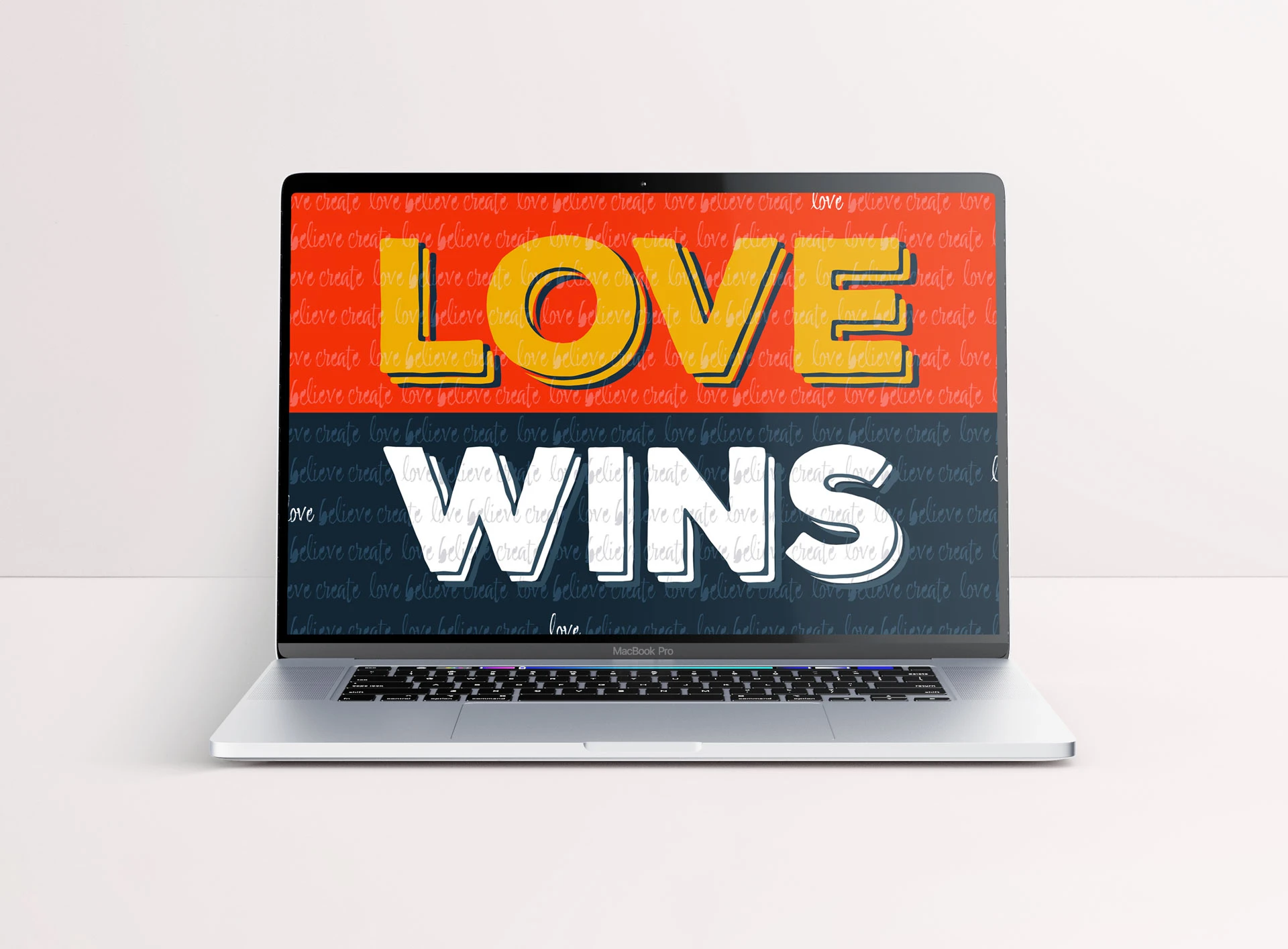 Laptop wallpaper mockup featuring bold graphic text reading 'Love Wins' above a row of red hearts, with repeated background words 'love, believe, create' in cursive.