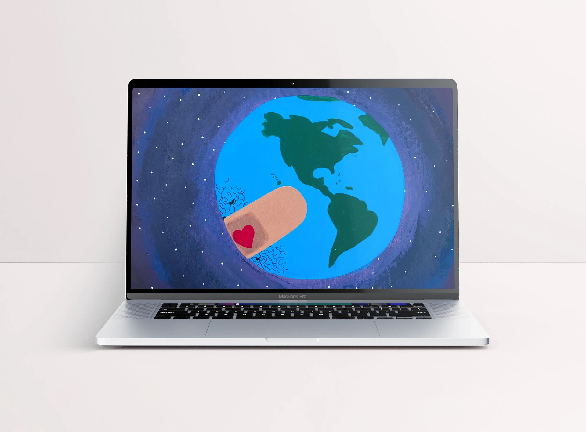 Laptop wallpaper mockup featuring artwork of the Earth with fracture lines that are covered with a bandaid decorated with a heart, along with an Ojibwe prayer