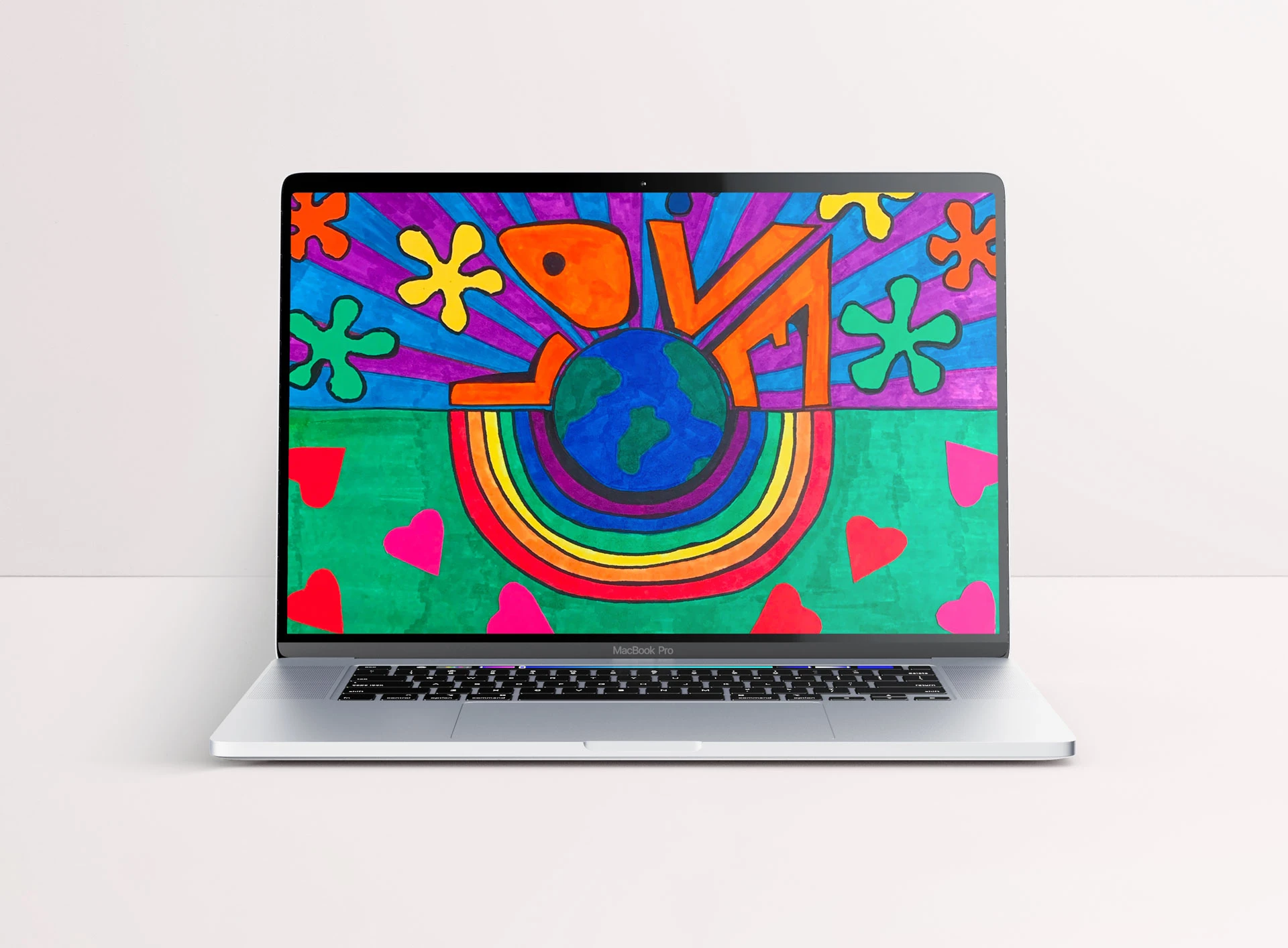 Laptop wallpaper mockup featuring a vibrant illustration of the word 'Love' wrapped around one half of the planet Earth, with a rainbow on the other half, and hearts, flowers and peace signs im the background.