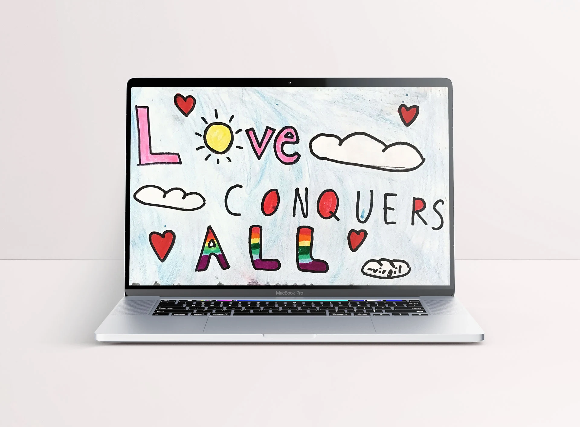 Laptop wallpaper mockup featuring a drawing of a sky with clouds and floating hearts along with the text 'Love Conquers All'