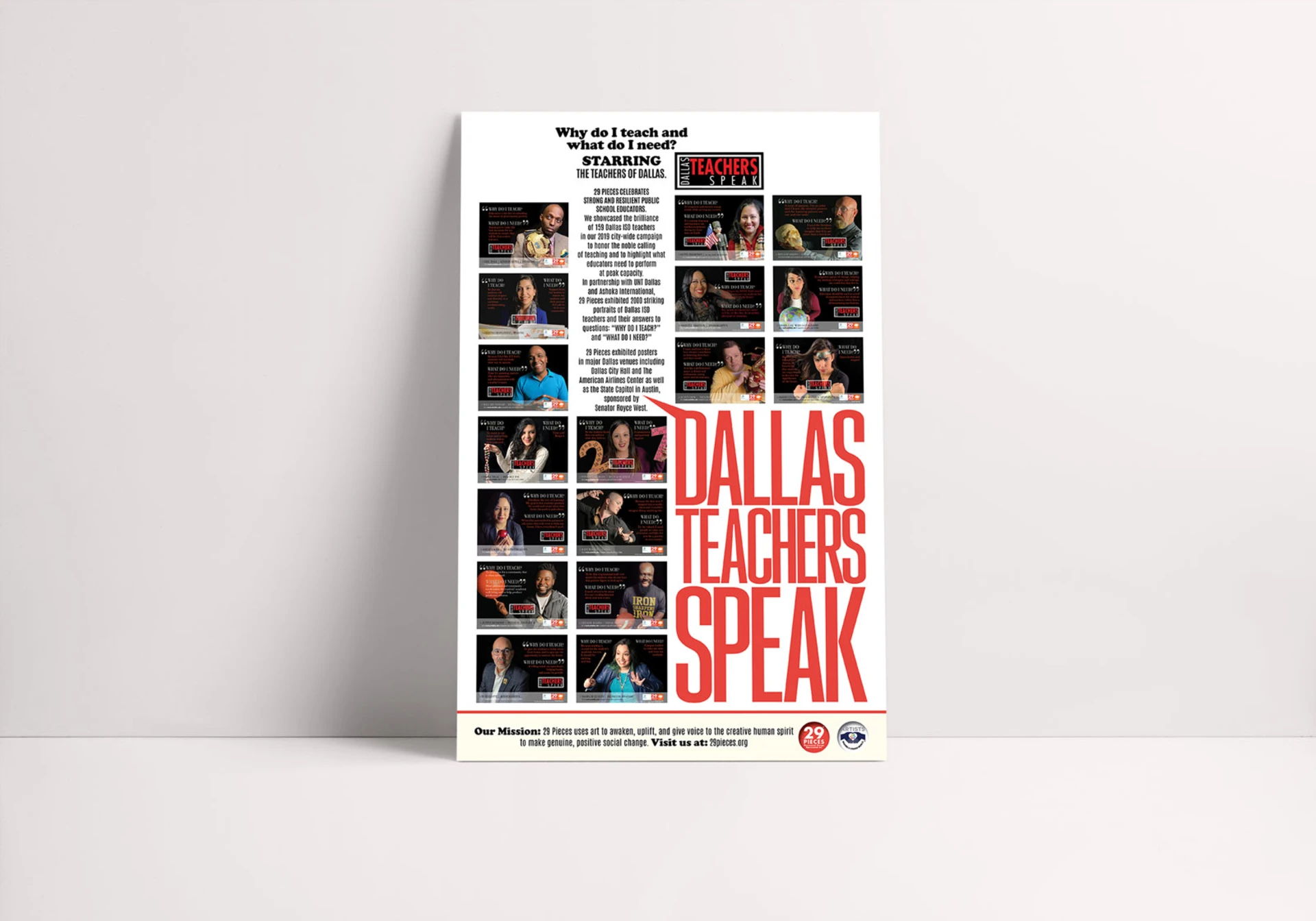 Mockup of the Dallas Teachers Speak project poster.