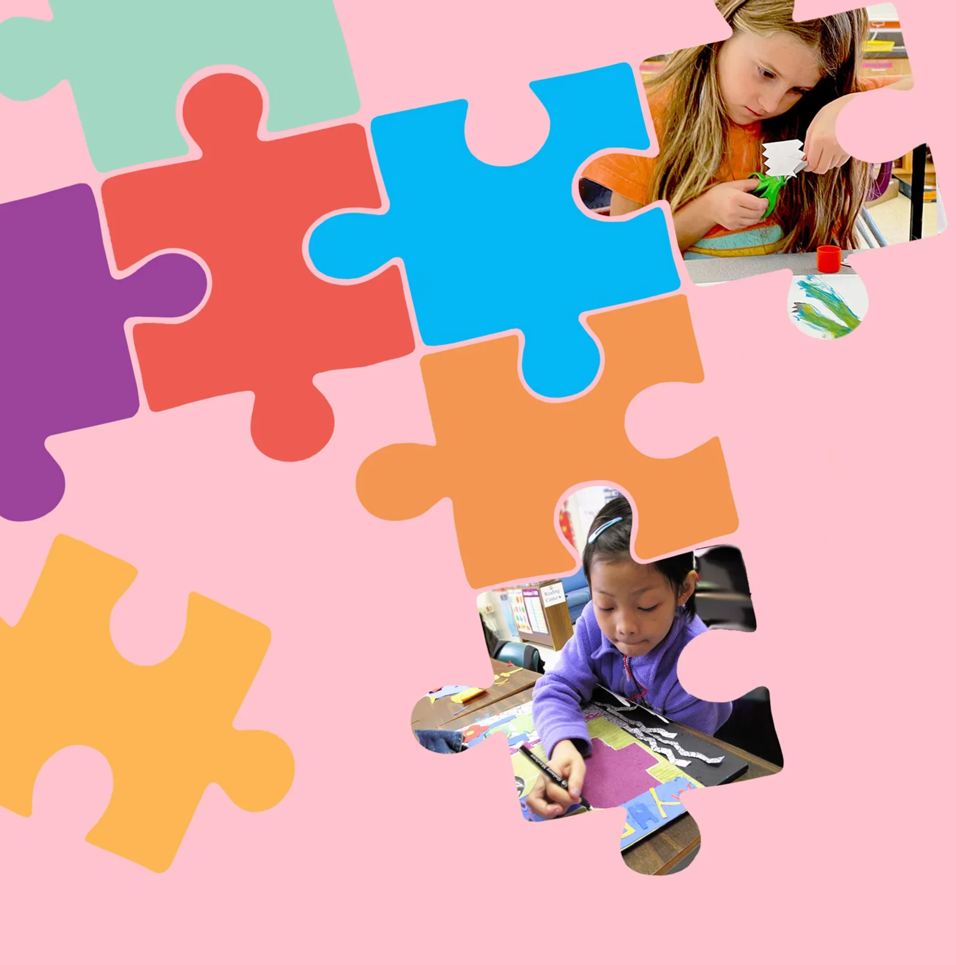 Illustration of multicolored puzzle pieces combined with photos of young children working on art projects.