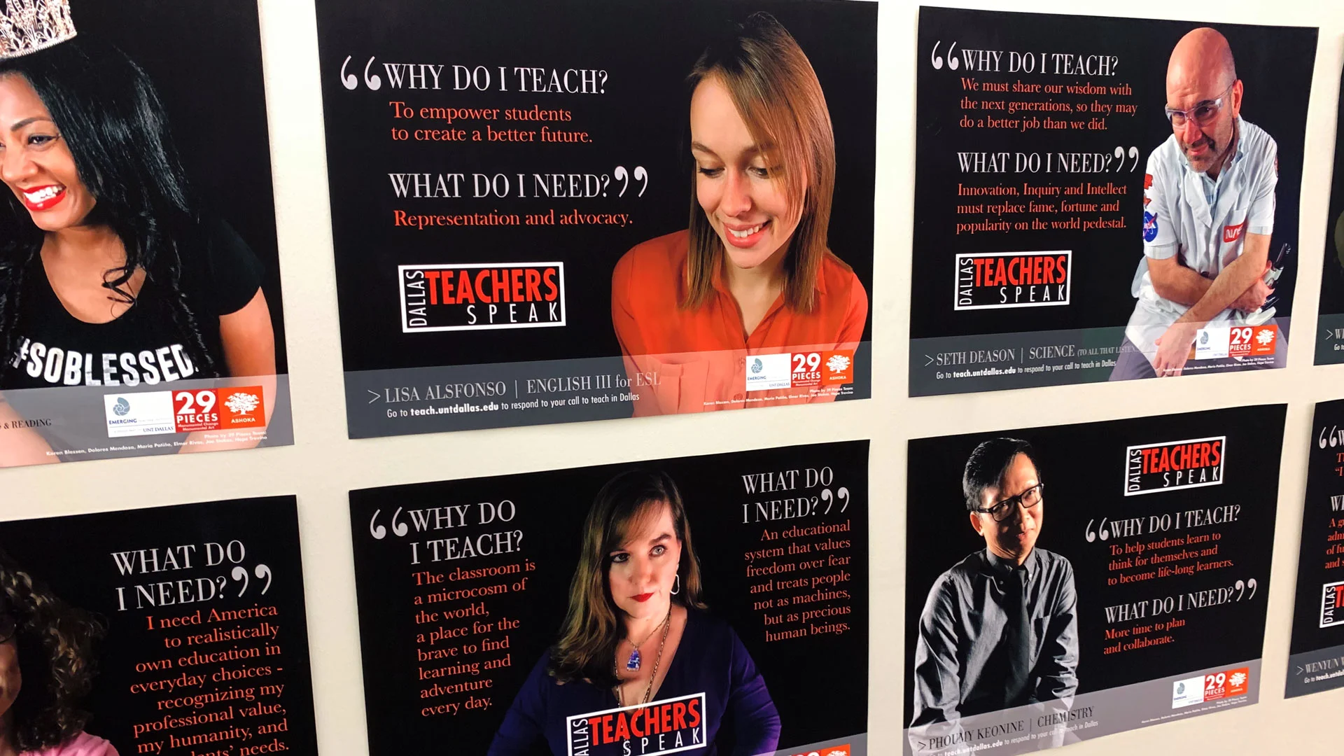 A grid display of posters, which each feature a different teacher along with their responses to the questions "Why Do I Teach?" and "What Do I Need?"