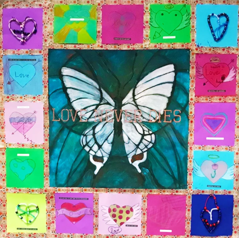 A square shaped banner with a large picture of a butterfly in the center, along with the text, "Love Never Dies," which is bordered by multicolored square pictures of hearts.