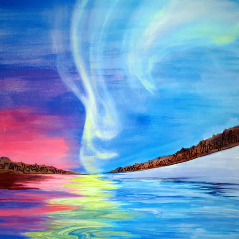 Colorful painting of a tranquil water scene under a swirling sky, with a glowing horizon blending pink, yellow, and blue. Text along the distant hills reads, 'The vastness is bearable only through love.'