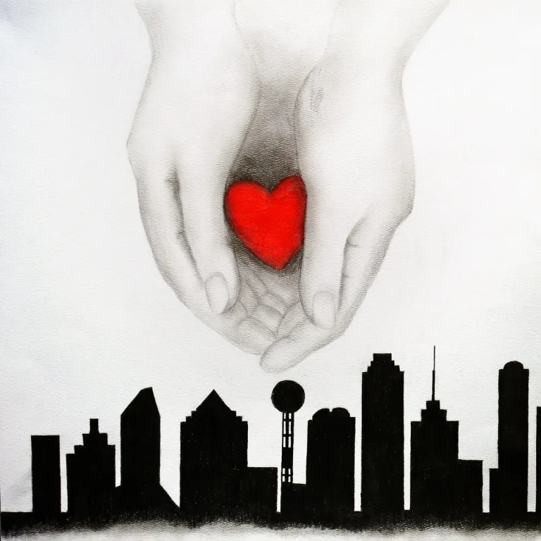 A drawing of a pair of hands holding a red heart over a silhouetted skyline of Dallas.