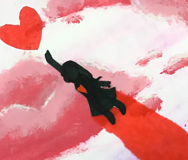 Illustration of a girl flying through the sky, with her hand outstretched reachihg toward a heart and surrounded by pink clouds.
