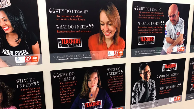 A grid display of posters, which each feature a different teacher along with their responses to the questions "Why Do I Teach?" and "What Do I Need?"