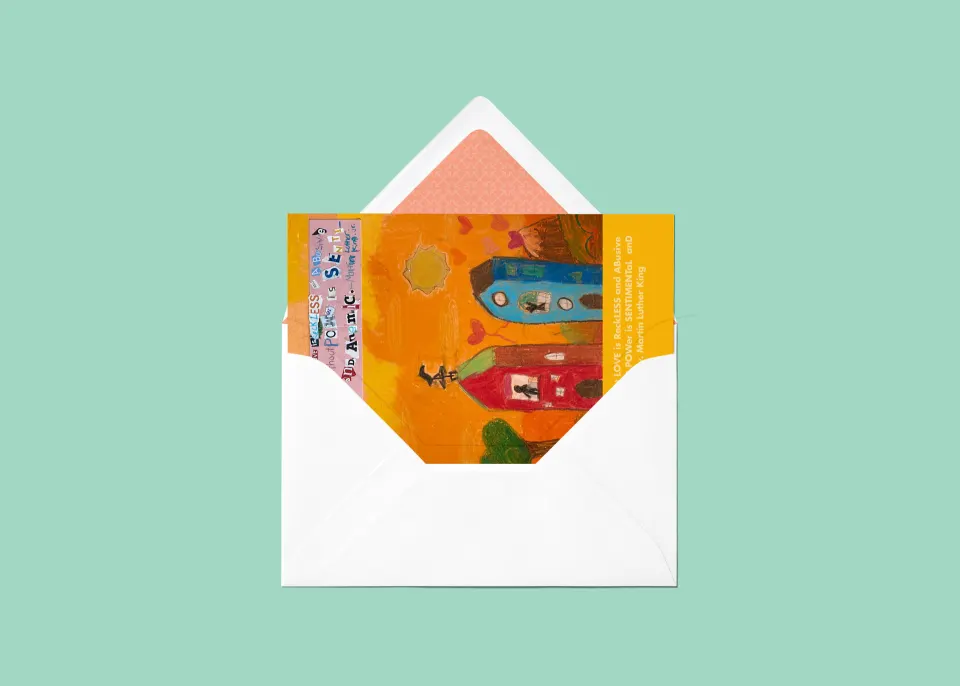 Colorful greeting card with childlike art peeking out of a white envelope, set against a mint green background.
