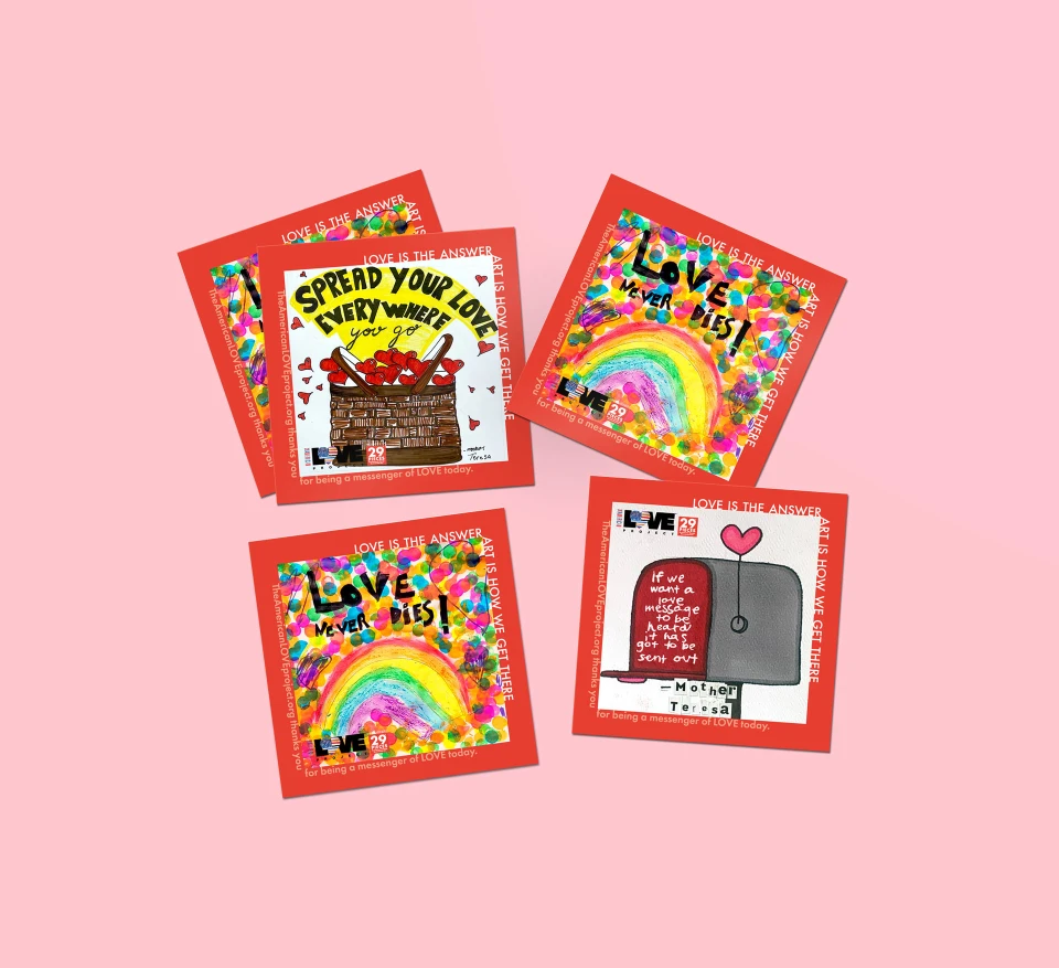 Five square stickers, each with colorful student artwork framed by a red border, scattered against a pink background.
