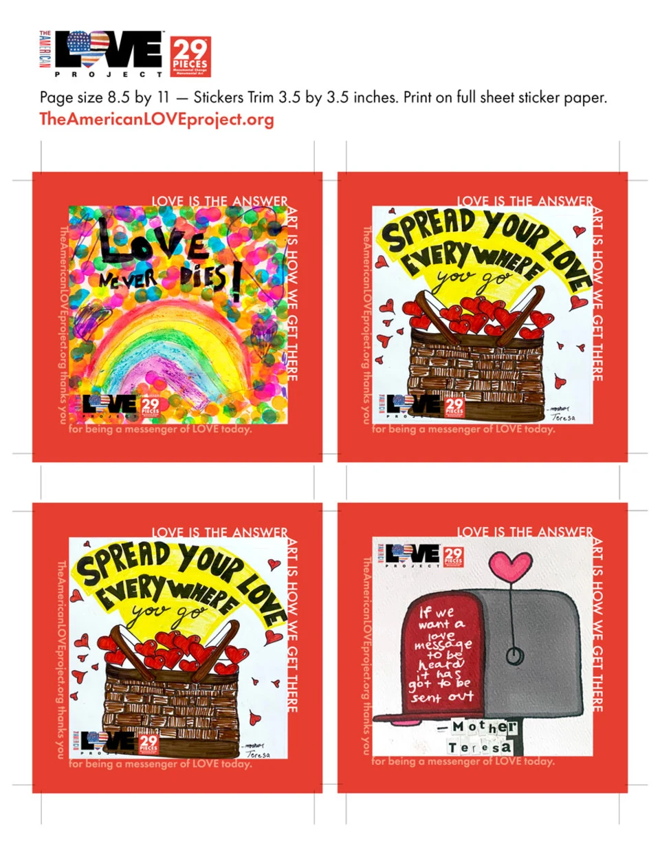 2D preview of the We Are All Equal poster, which has the text, 'Produced by 29 Pieces' and 'Our nation's founding ideals + the power of art + words that inspire love + the creativity of teachers, artists and students = American healing. TheAmericanLoveProject.org