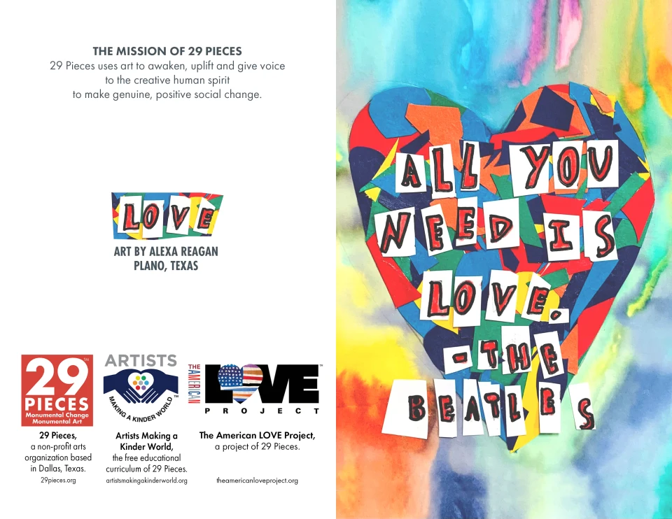 Preview of the back and front of the greeting card featured in the previous mockup, which includes the 29 Pieces mission statement, artwork credit for Alexa Reagan of Plano, Texas, and logos for 29 Pieces, Artists Making a Kinder World, and The American Love Project.