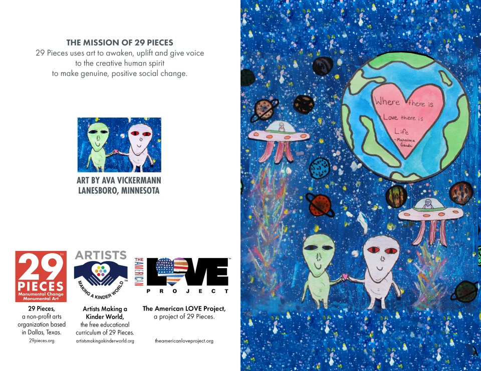 Preview of the back and front of the greeting card featured in the previous mockup, which includes the 29 Pieces mission statement, artwork credit for Ava Vickermann of Lanesboro, Minnesota, and logos for 29 Pieces, Artists Making a Kinder World, and The American Love Project.