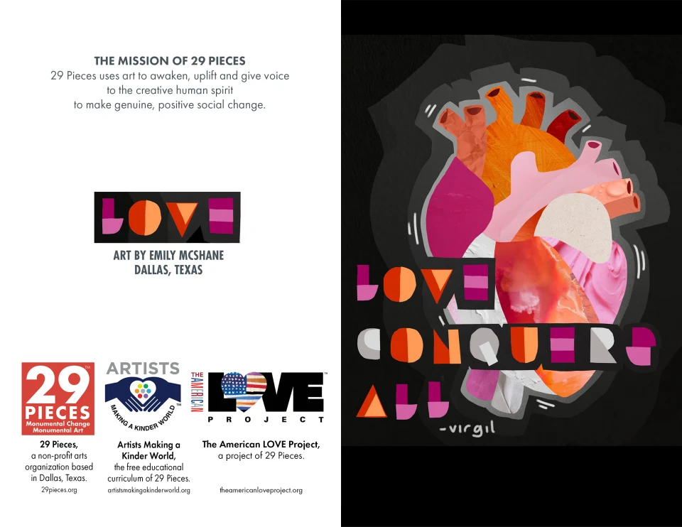Preview of the back and front of the greeting card featured in the previous mockup, which includes the 29 Pieces mission statement, artwork credit for Emily McShane of Dallas, Texas, and logos for 29 Pieces, Artists Making a Kinder World, and The American Love Project.