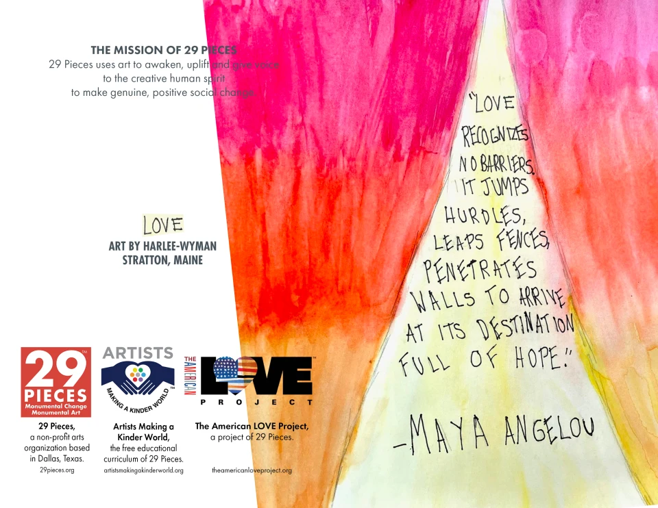 Preview of the back and front of the greeting card featured in the previous mockup, which includes the 29 Pieces mission statement, artwork credit for Harlee Wyman of Stratton, Maine, and logos for 29 Pieces, Artists Making a Kinder World, and The American Love Project.