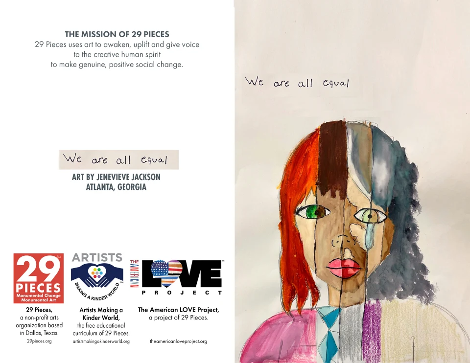Preview of the back and front of the greeting card featured in the previous mockup, which includes the 29 Pieces mission statement, artwork credit for Jenevieve Jackson of Atlanta, Georgia, and logos for 29 Pieces, Artists Making a Kinder World, and The American Love Project.