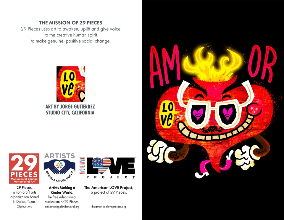 Preview of the back and front of the greeting card featured in the previous mockup, which includes the 29 Pieces mission statement, artwork credit for Jorge Gutierrez of Studio City, California, and logos for 29 Pieces, Artists Making a Kinder World, and The American Love Project.