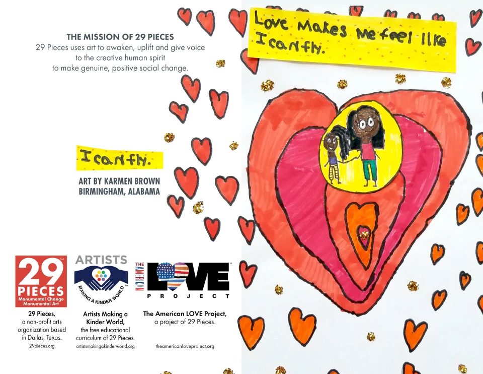 Preview of the back and front of the greeting card featured in the previous mockup, which includes the 29 Pieces mission statement, artwork credit for Karmen Brown of Birmingham, Alabama, and logos for 29 Pieces, Artists Making a Kinder World, and The American Love Project.