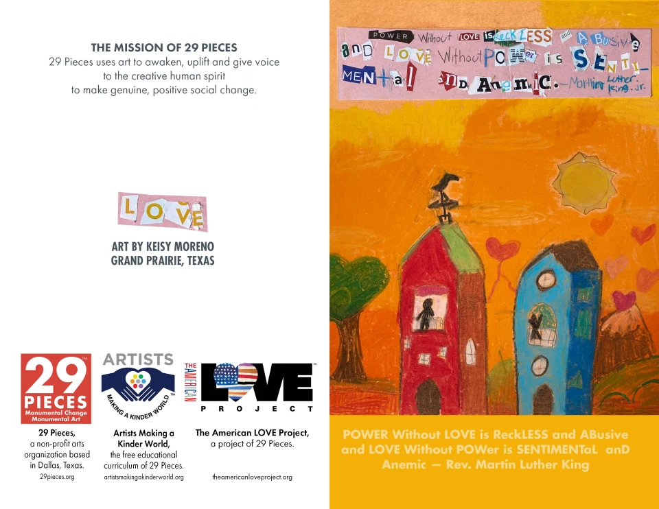 Preview of the back and front of the greeting card featured in the previous mockup, which includes the 29 Pieces mission statement, artwork credit for Keisy Moreno of Grand Prairie, Texas, and logos for 29 Pieces, Artists Making a Kinder World, and The American Love Project.