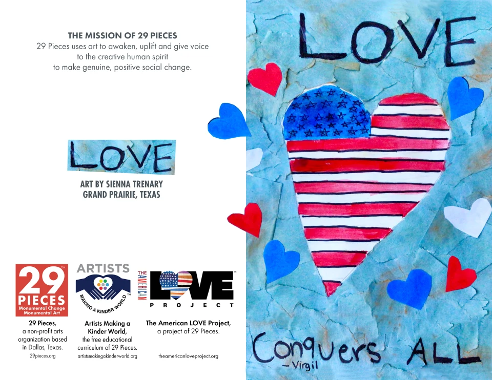 Preview of the back and front of the greeting card featured in the previous mockup, which includes the 29 Pieces mission statement, artwork credit for Sienna Trenary of Grand Prairie, Texas, and logos for 29 Pieces, Artists Making a Kinder World, and The American Love Project.