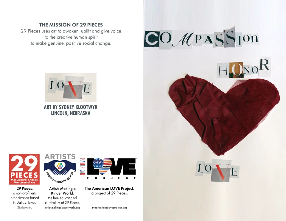 Preview of the back and front of the greeting card featured in the previous mockup, which includes the 29 Pieces mission statement, artwork credit for Sydney Klootwyk of Lincoln, Nebraska, and logos for 29 Pieces, Artists Making a Kinder World, and The American Love Project.