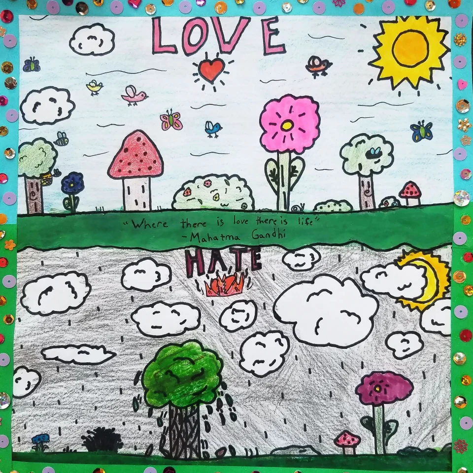 Full size original artwork featured in the previous mockup, which has a parallel scene at the bottom depicting a dark, cloudy sky, dying plants, and no insects or birds along with the word 'Hate'.