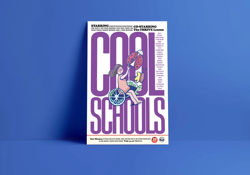 A poster with an illustration of a girl in a wheelchair painting a ladybug over large purple text that reads, 'Cool Schools', set against a blue background.
