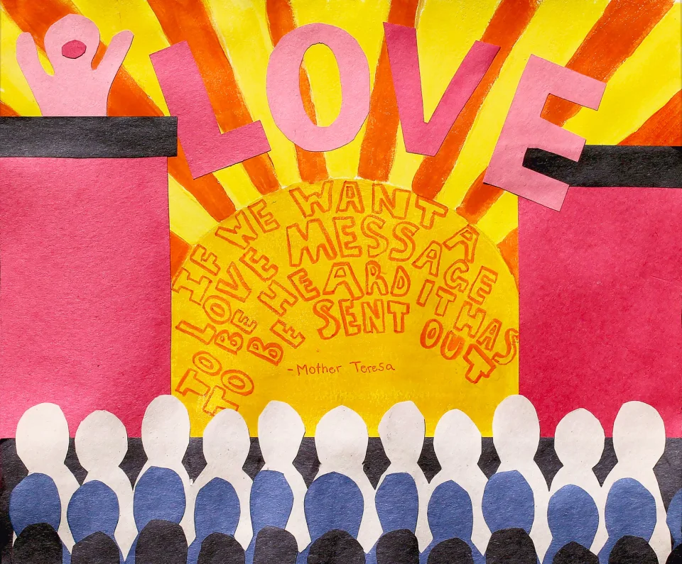 Whimsical collage illustration of a blue mailbox labeled 'U.S. mail' next to an envelope and floating red hearts, with a background of newspaper clippings. At the base of the mailbox is a quote by Mother Teresa that reads, 'If we want a love message to be heard, it has got to be sent out'.