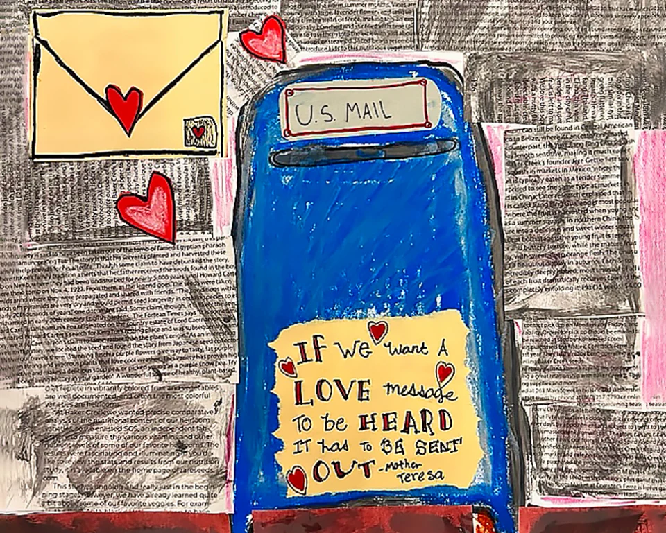 Illustration of a letter in an envelope with a pink heart and a quote by Mother Teresa that reads, 'If we want a love message to be heard, it has got to be sent out.'